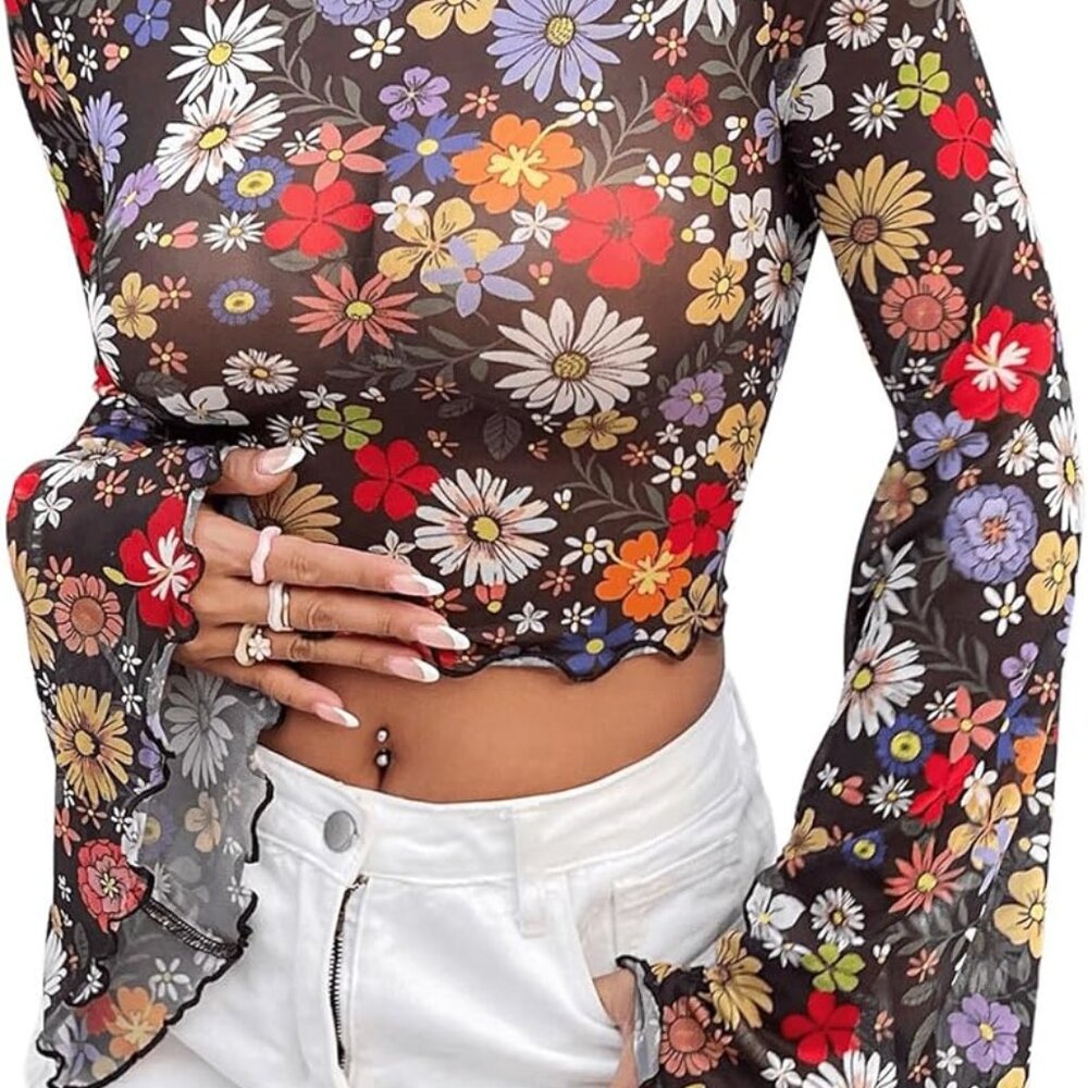 Women's Long Sleeve See Though Sheer Mesh Crop Tee Tops